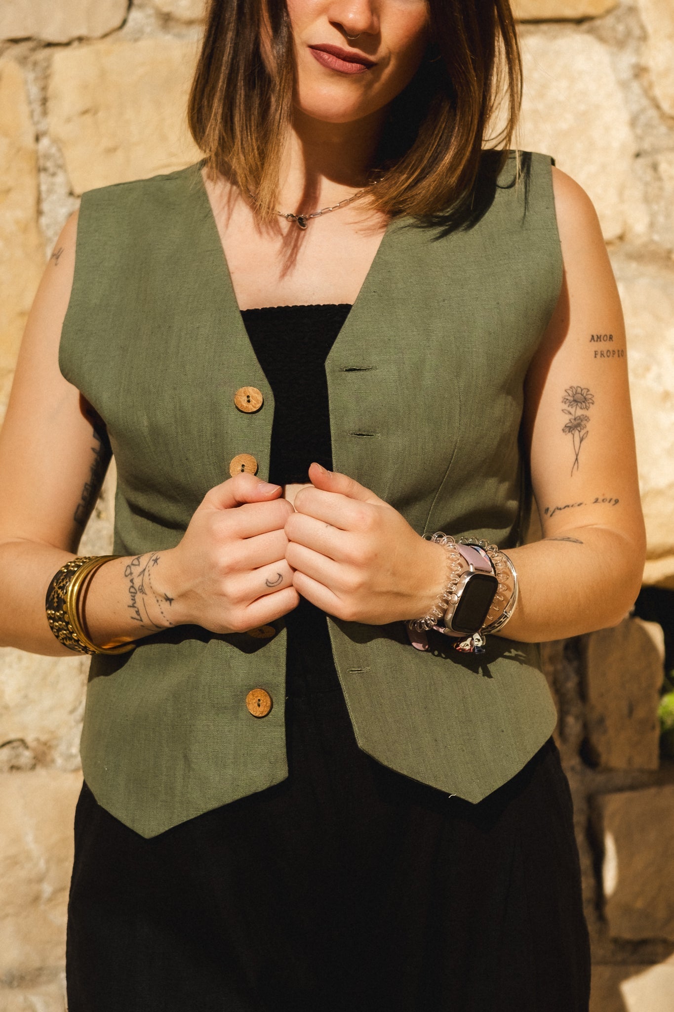 Green Cotton Linen Waistcoat Naree Clothing