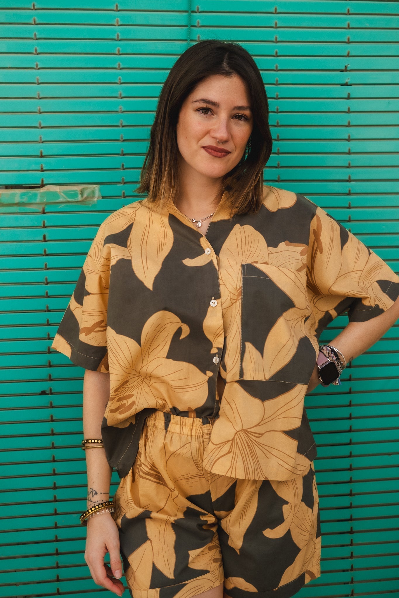 Olive Tunic and shorts pyjamas Naree Clothing