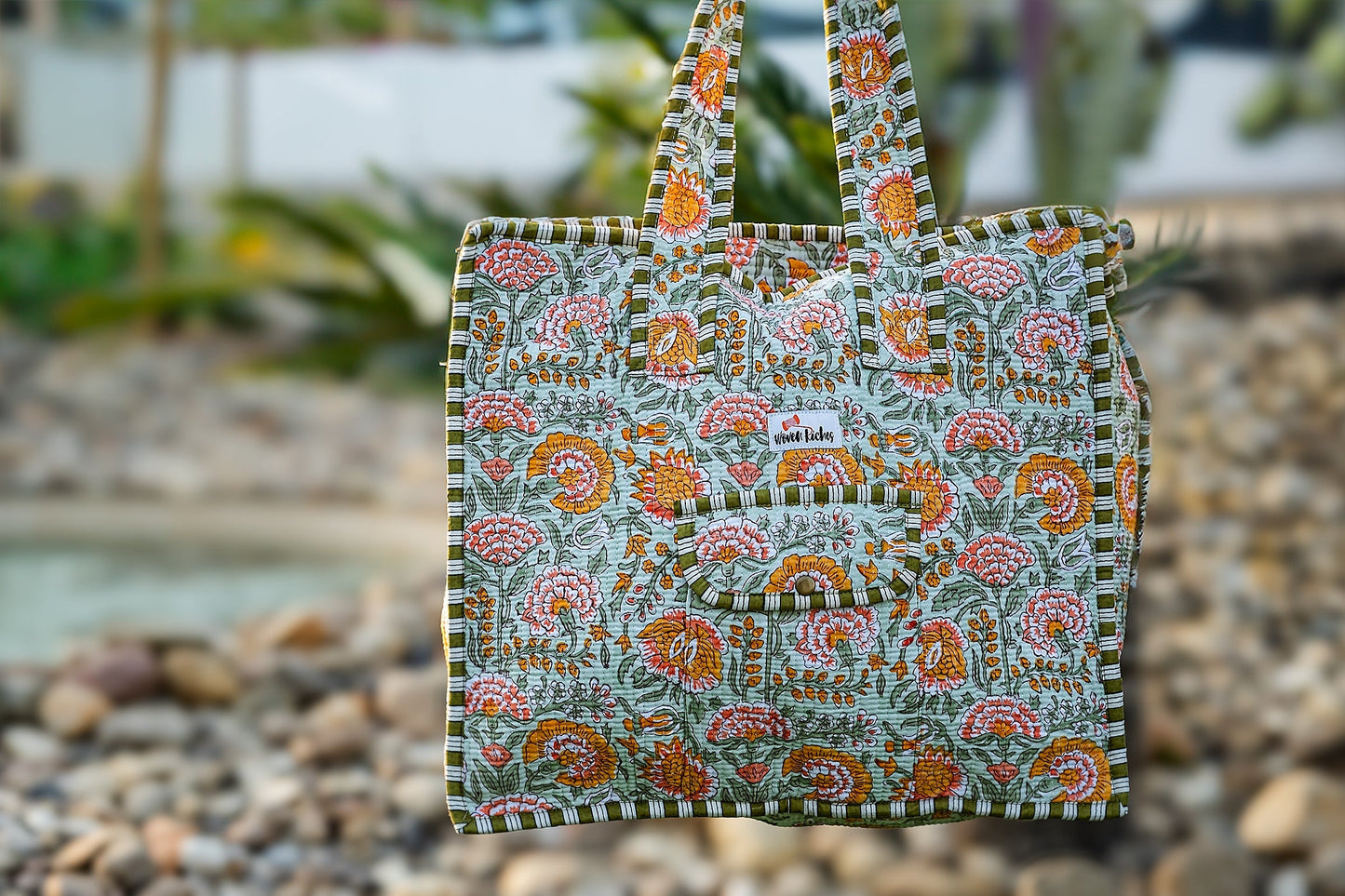 Urmi Sage Green Floral tote bag Naree Clothing