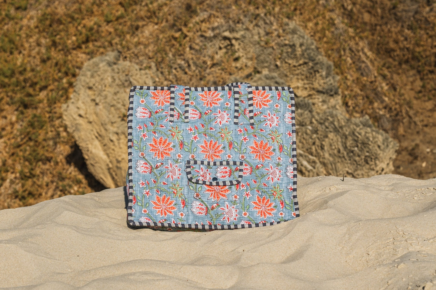 Neel Blue Floral Block Printed tote bag Naree Clothing