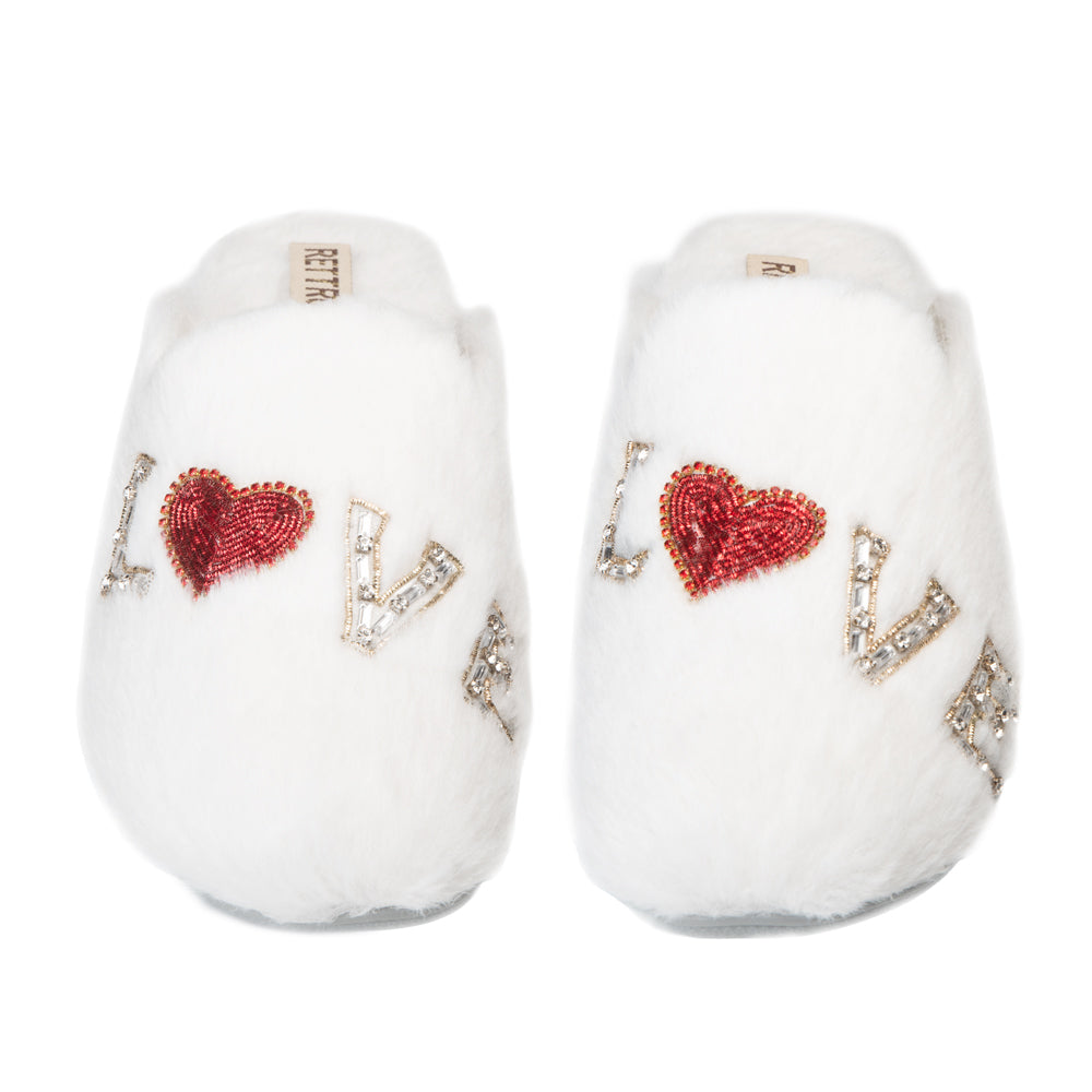 RETTROSE Anastasia Cream Women’s Luxury Slippers – Handmade White Faux Fur Slippers with Diamanté Love Appliqué | RETTROSE Rettrose