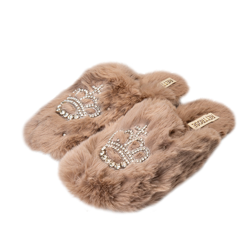 Finley Beige Luxury Faux Fur Comfortable Diamanté Embellished Women’s Slippers for women Rettrose