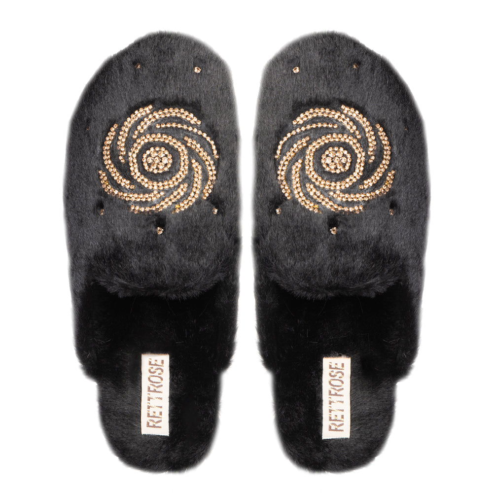 Morgan Black Luxury Faux Fur Comfortable Diamanté Embellished Women’s Handmade Slippers Rettrose