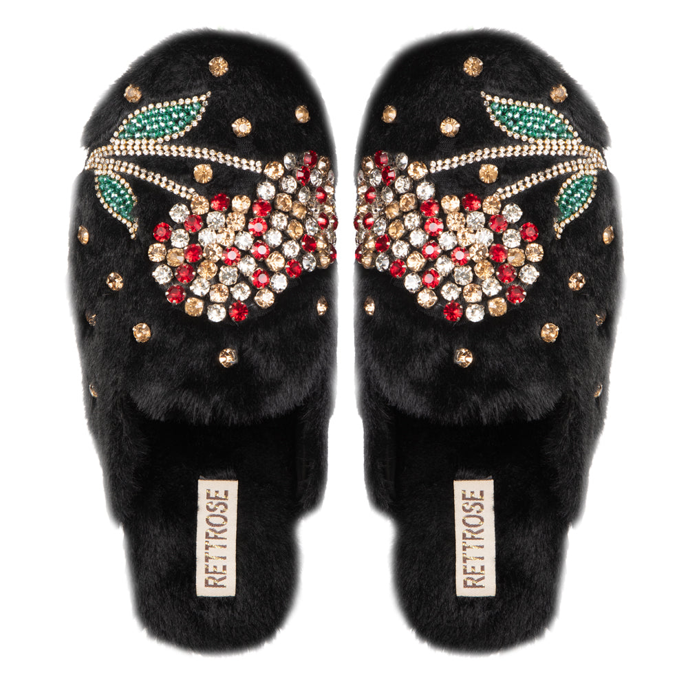 The Georgie Black Luxury Handmade Women’s Slippers – Full Faux Fur Front-Covered, Comfortable Rubber Sole, Diamanté Embellished Rettrose
