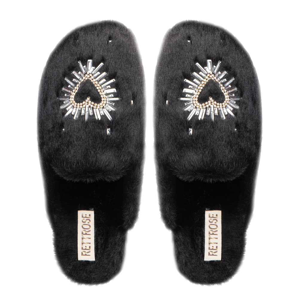 Noelle Black Luxury Faux Fur Comfortable Heart Diamanté Embellished Women’s Handmade Slippers Rettrose