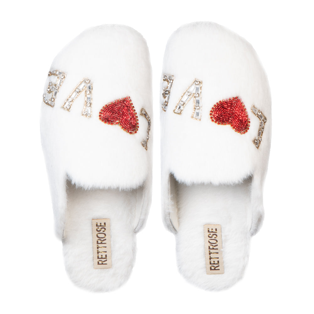 RETTROSE Anastasia Cream Women’s Luxury Slippers – Handmade White Faux Fur Slippers with Diamanté Love Appliqué | RETTROSE Rettrose