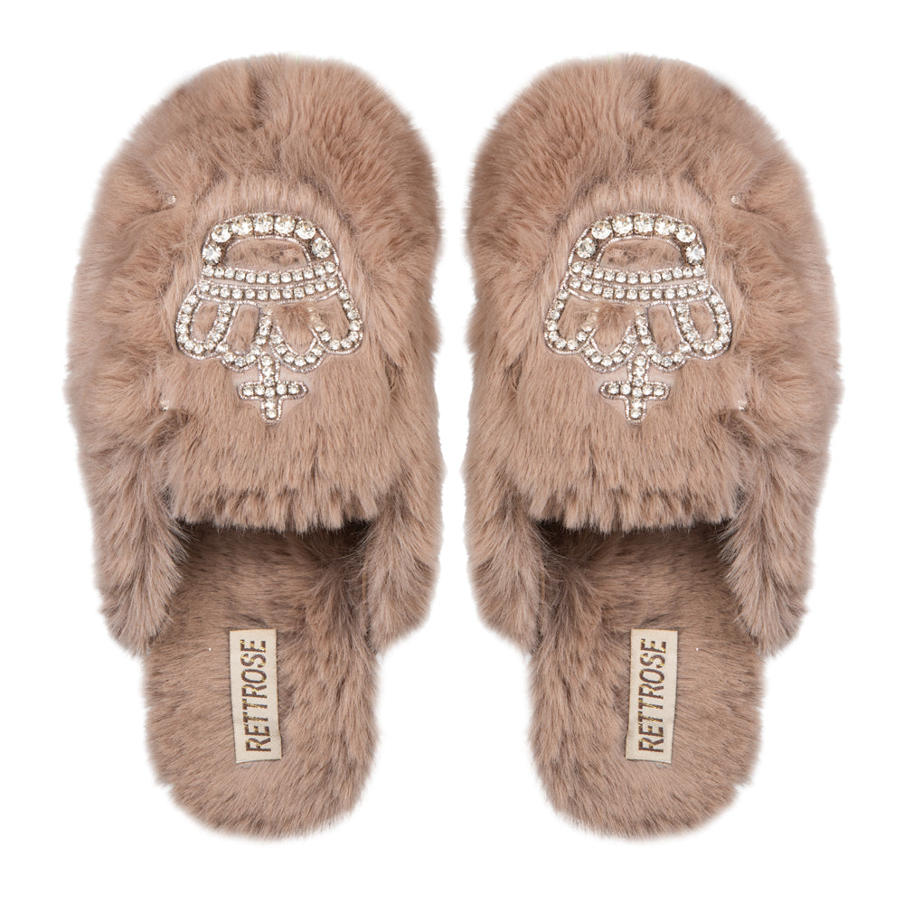 Finley Beige Luxury Faux Fur Comfortable Diamanté Embellished Women’s Slippers for women Rettrose