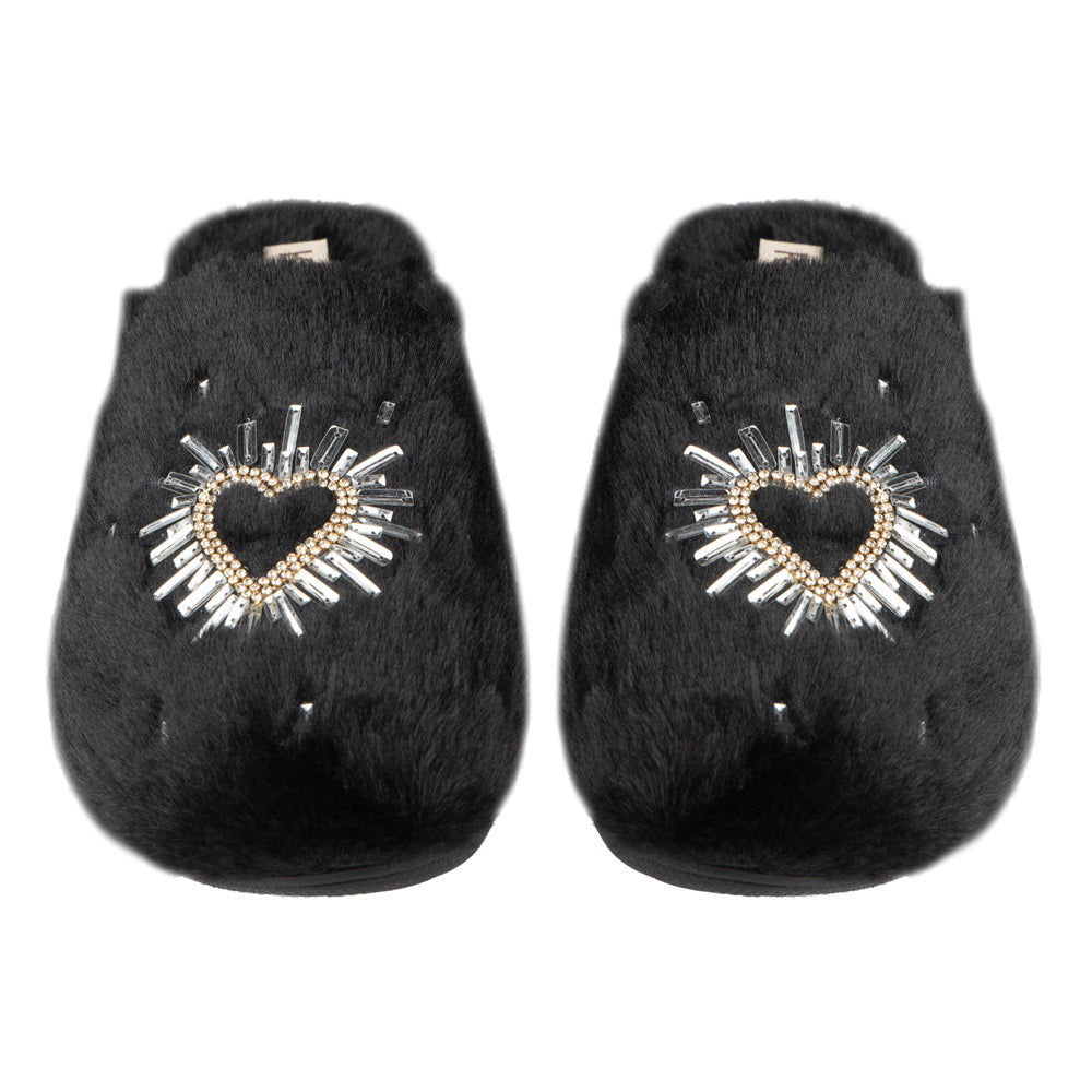 Noelle Black Luxury Faux Fur Comfortable Heart Diamanté Embellished Women’s Handmade Slippers Rettrose