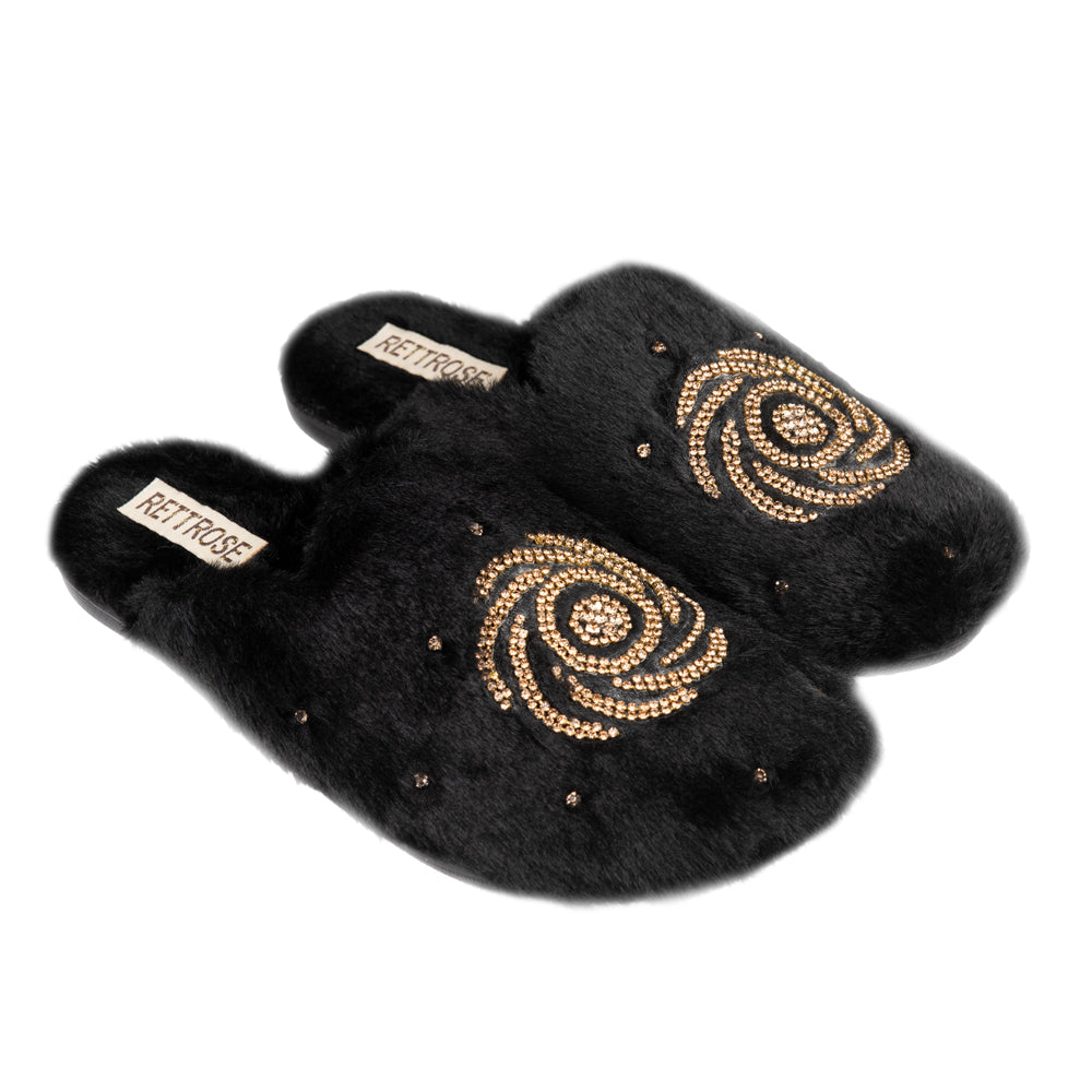 Morgan Black Luxury Faux Fur Comfortable Diamanté Embellished Women’s Handmade Slippers Rettrose