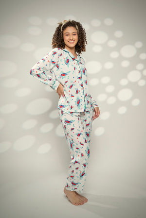 White base and red parrots