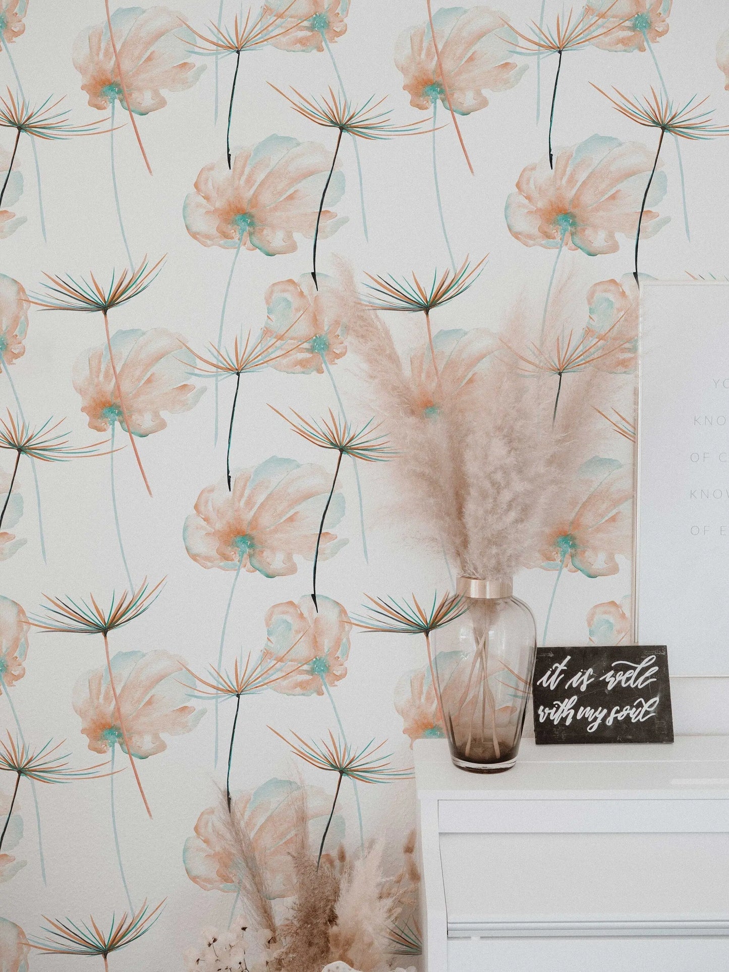 Dandelion Flowers Wallpaper | Custom Color Teal Floral Pattern | Peel and Stick Removable Wallpaper For All Rooms | Self Adhesive Mural ClickWalls