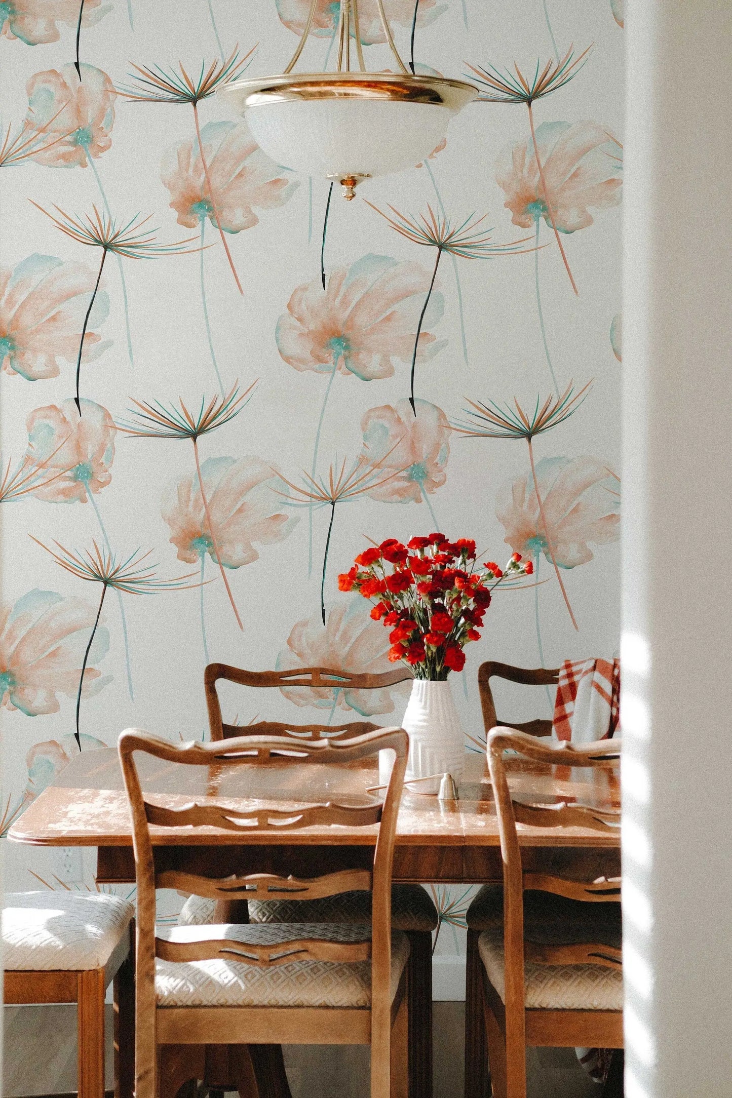 Dandelion Flowers Wallpaper | Custom Color Teal Floral Pattern | Peel and Stick Removable Wallpaper For All Rooms | Self Adhesive Mural ClickWalls