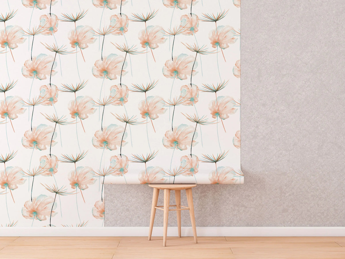 Dandelion Flowers Wallpaper | Custom Color Teal Floral Pattern | Peel and Stick Removable Wallpaper For All Rooms | Self Adhesive Mural ClickWalls