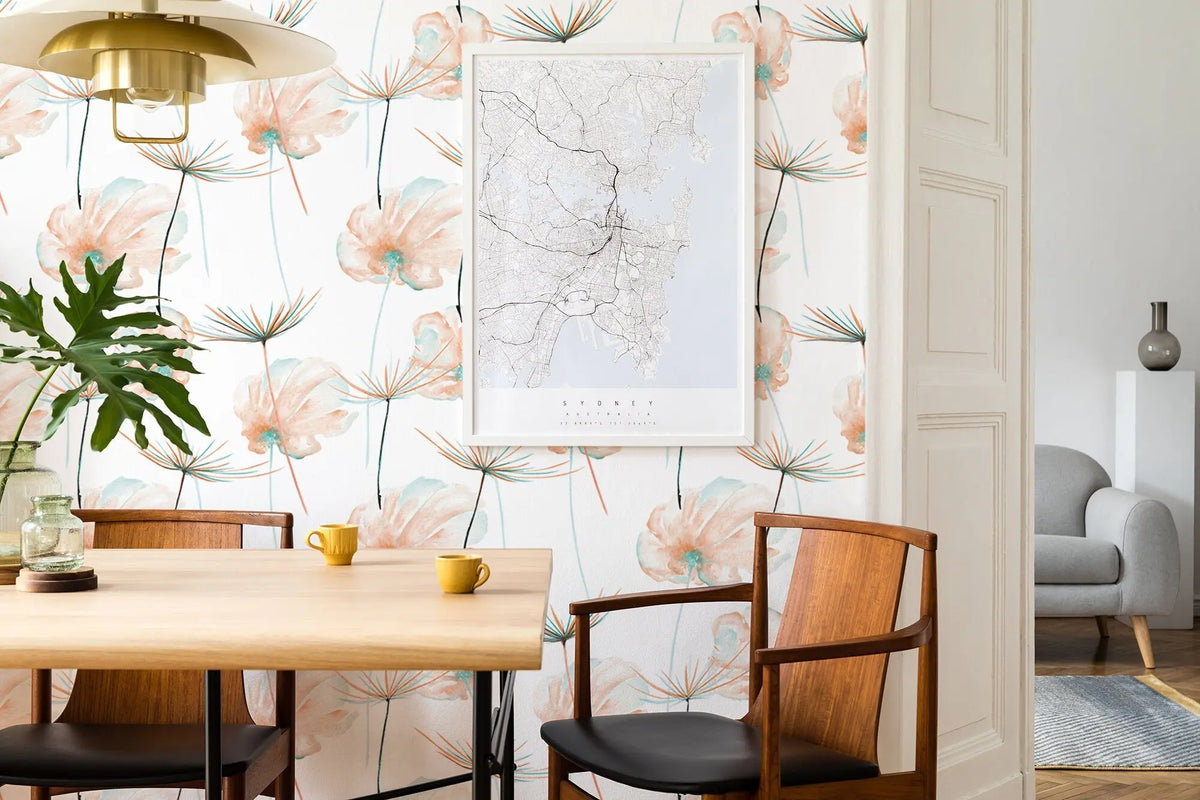 Dandelion Flowers Wallpaper | Custom Color Teal Floral Pattern | Peel and Stick Removable Wallpaper For All Rooms | Self Adhesive Mural ClickWalls