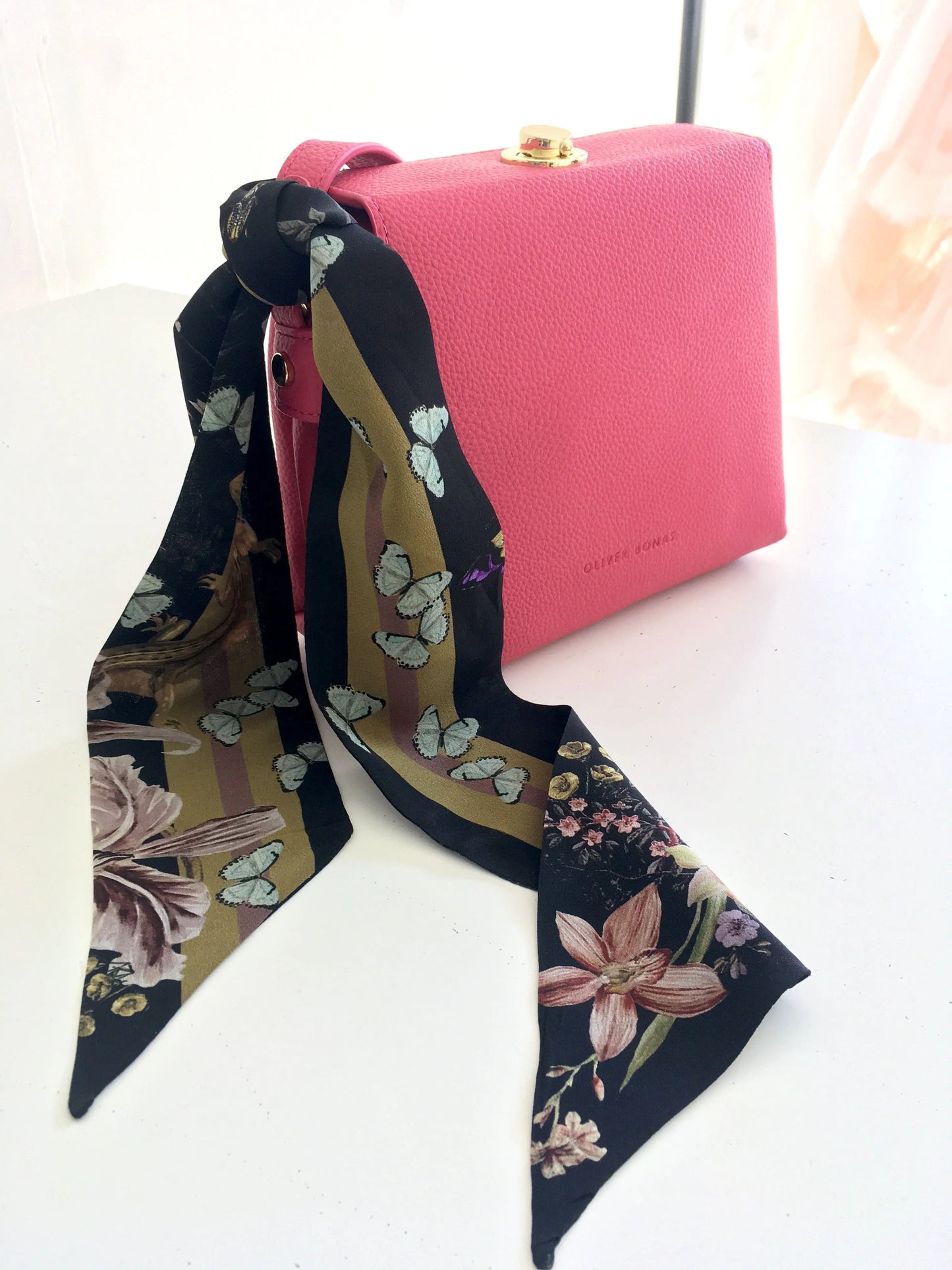 Dark Grey 'Skinny Silk' scarf in the botanical  'Cardiac' Print, delicate, lightweight Twilly style scarf accessory Alice Acreman Silks