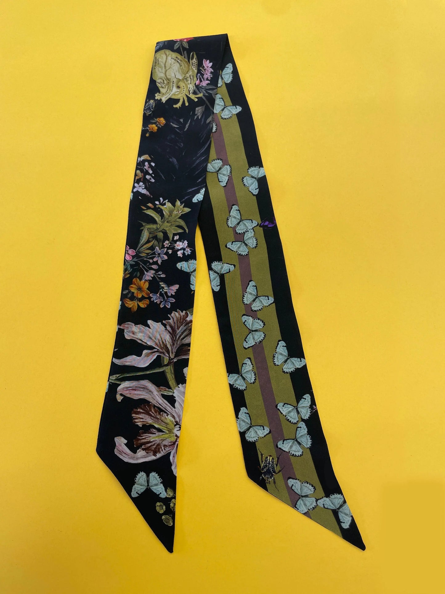 Dark Grey 'Skinny Silk' scarf in the botanical  'Cardiac' Print, delicate, lightweight Twilly style scarf accessory Alice Acreman Silks