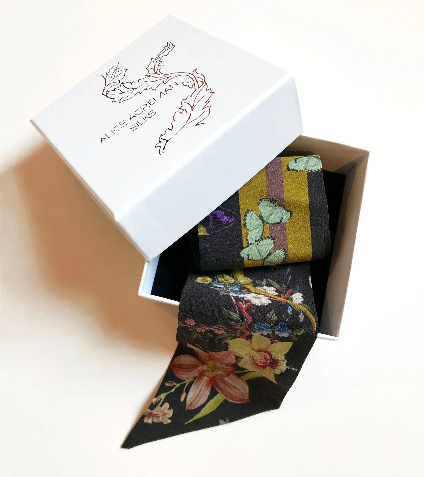 Dark Grey 'Skinny Silk' scarf in the botanical  'Cardiac' Print, delicate, lightweight Twilly style scarf accessory Alice Acreman Silks