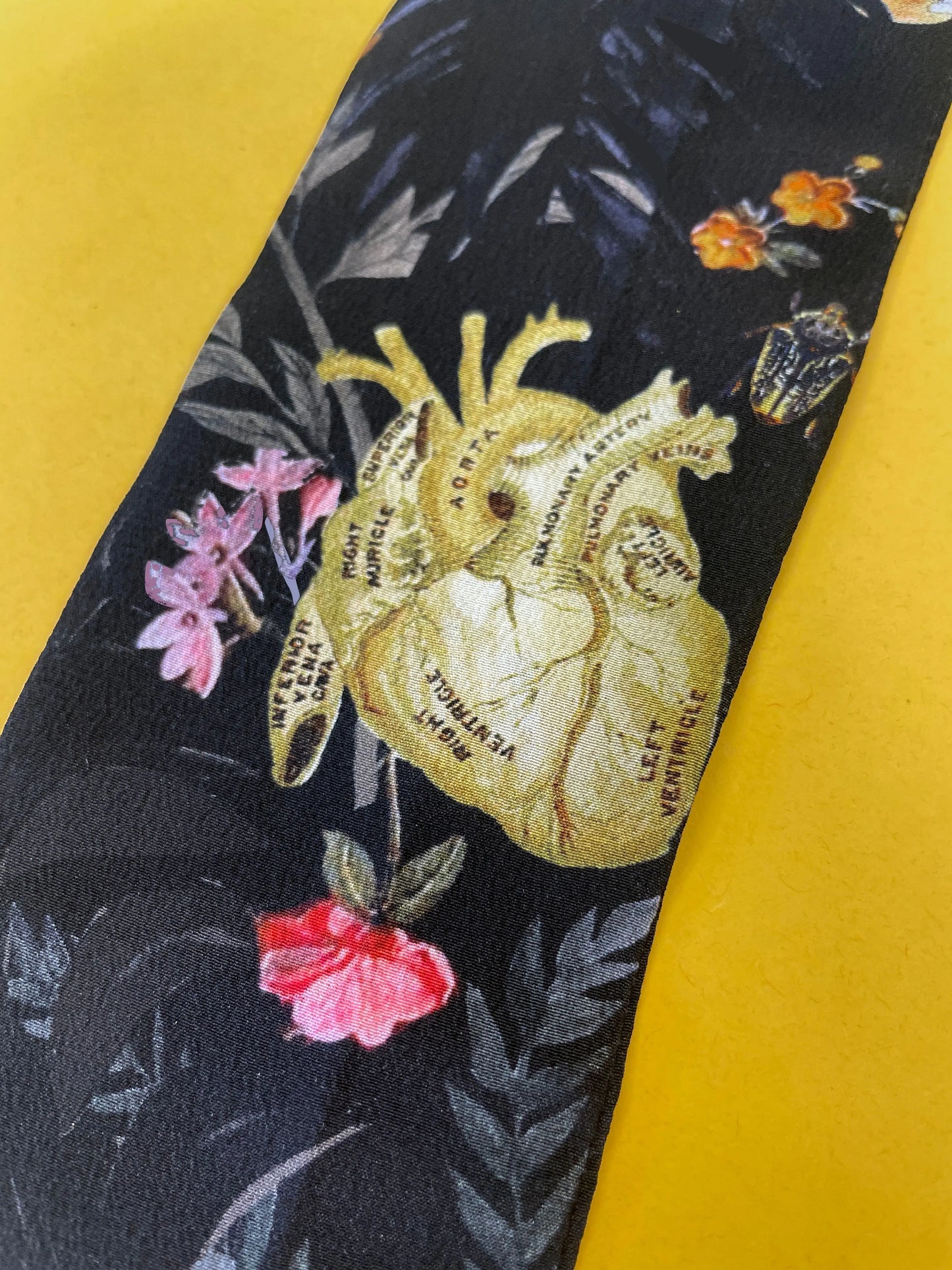 Dark Grey 'Skinny Silk' scarf in the botanical  'Cardiac' Print, delicate, lightweight Twilly style scarf accessory Alice Acreman Silks