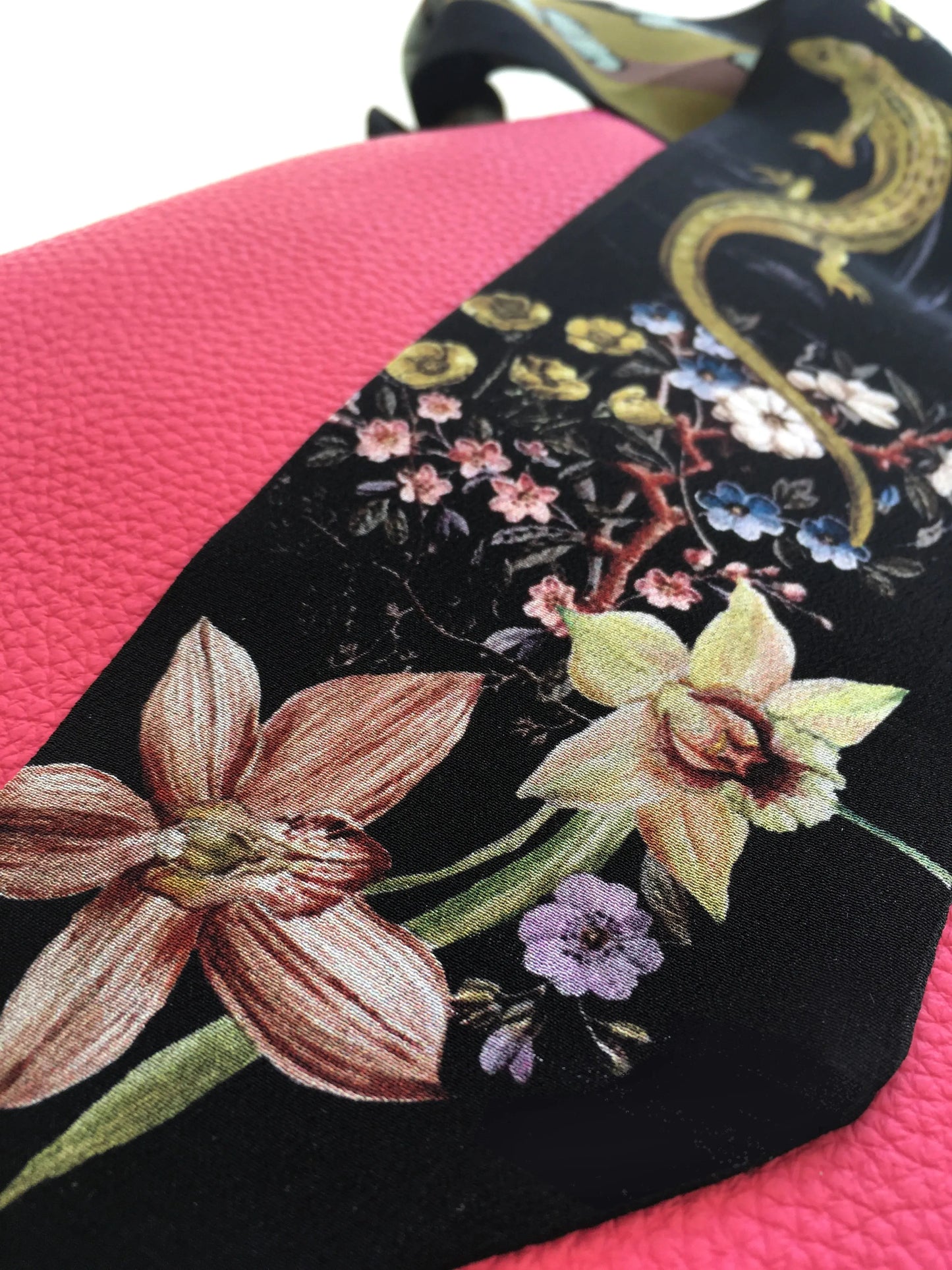 Dark Grey 'Skinny Silk' scarf in the botanical  'Cardiac' Print, delicate, lightweight Twilly style scarf accessory Alice Acreman Silks