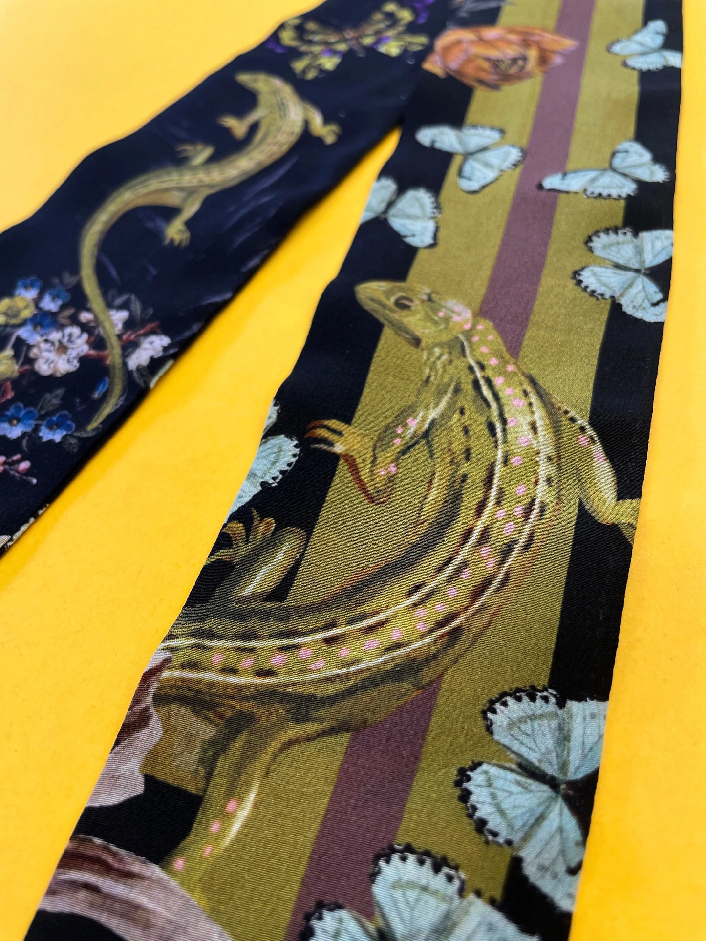 Dark Grey 'Skinny Silk' scarf in the botanical  'Cardiac' Print, delicate, lightweight Twilly style scarf accessory Alice Acreman Silks