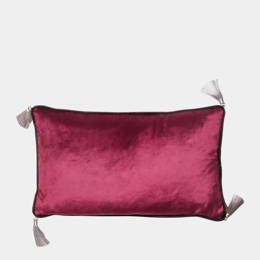 Dark Purple Velvet Rectangular Cushion With Tassels Bivain