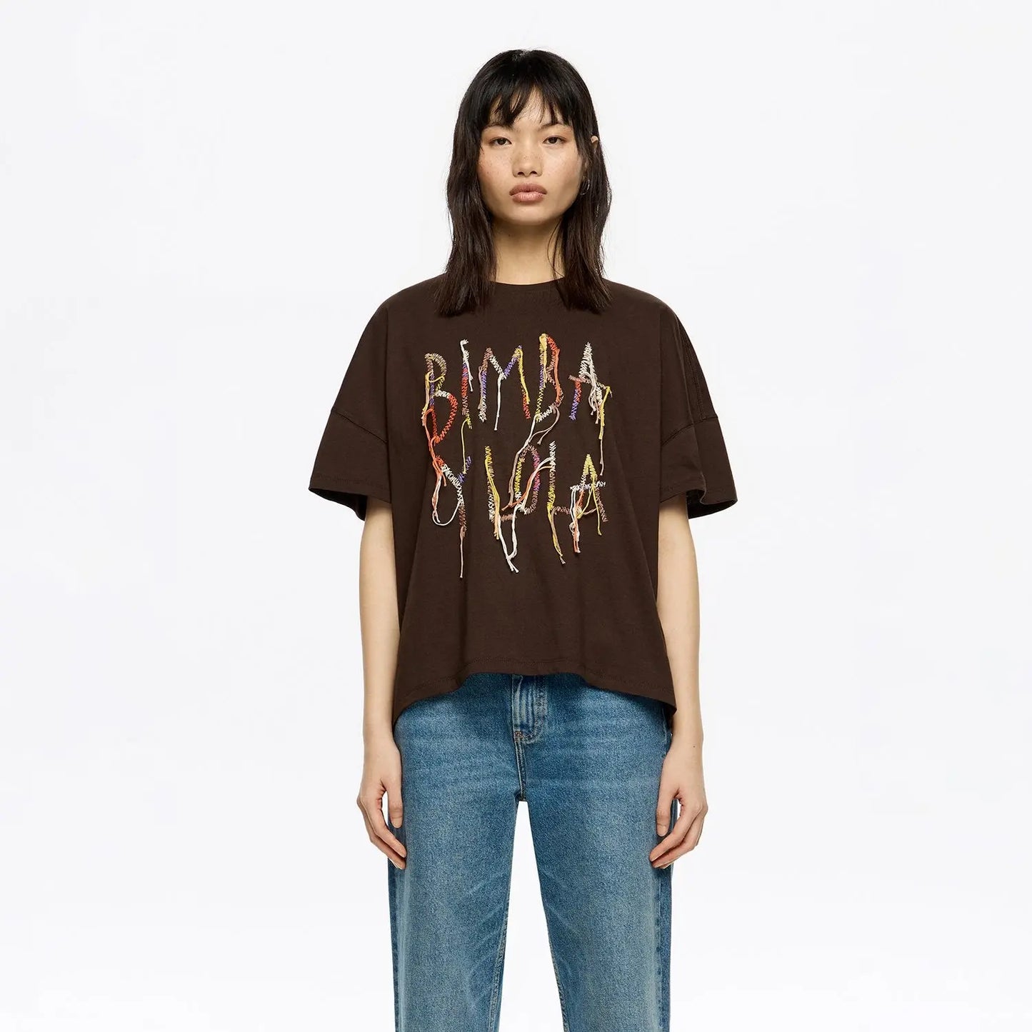 Dark burgundy fringed logo T-shirt Bimba y Lola UK