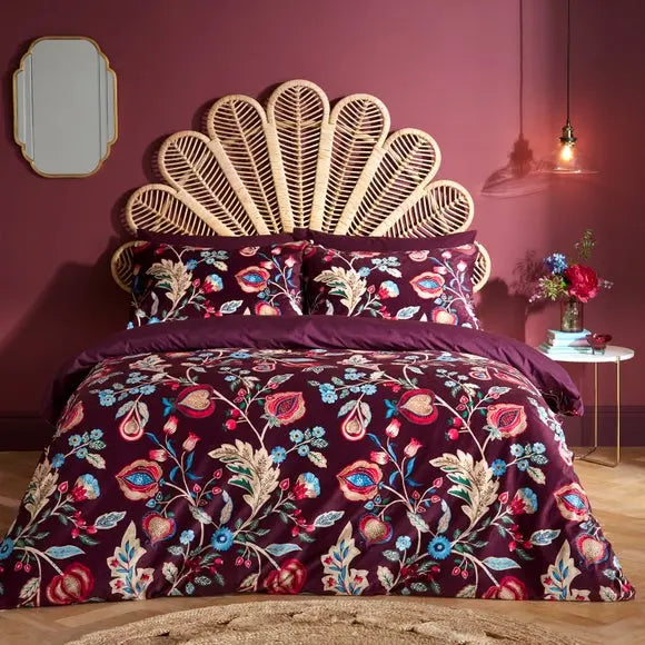 Delilah Purple Floral Fruit Tree Luxury Velvet Duvet Cover & Pillowcase Set Dunelm