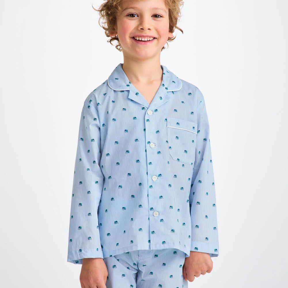 Derek Rose Kids' Pyjamas Cotton Batiste Blue Elephant Print Derek Rose