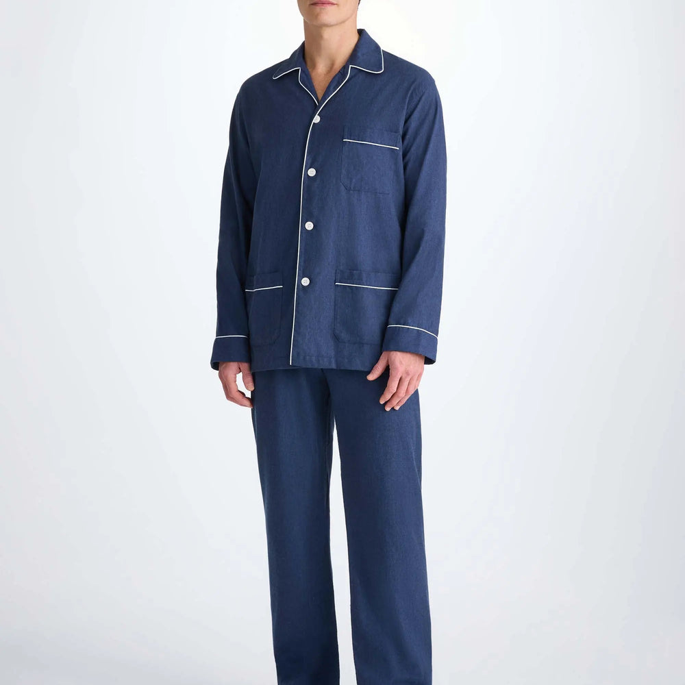 Derek Rose Men's Classic Fit Pyjamas Balmoral 3 Brushed Cotton Navy Derek Rose