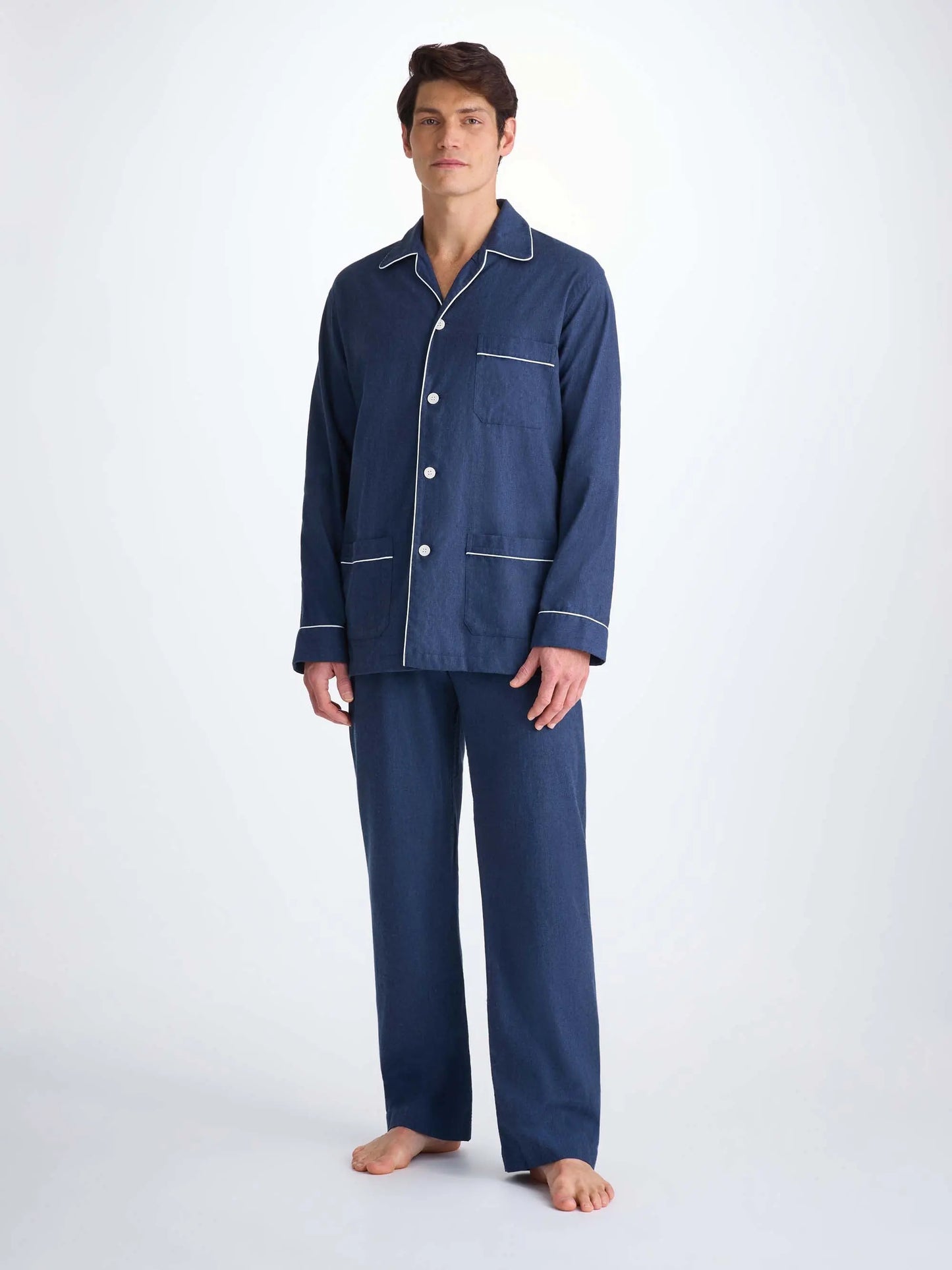 Derek Rose Men's Classic Fit Pyjamas Balmoral 3 Brushed Cotton Navy Derek Rose