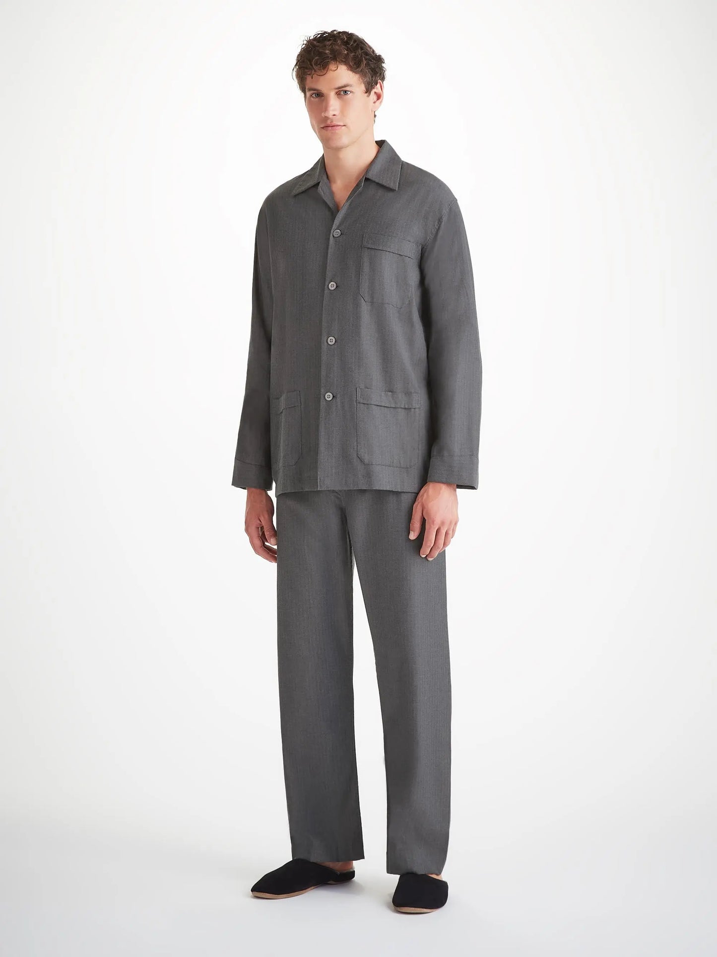 Derek Rose Men's Classic Fit Pyjamas Balmoral Brushed Cotton Charcoal Derek Rose