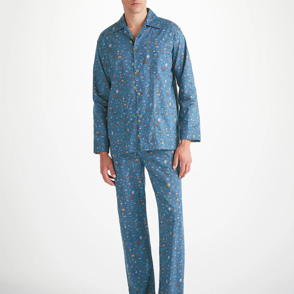 Derek Rose Men's Classic Fit Pyjamas Cotton Batiste Blue Sea Friends Print Derek Rose