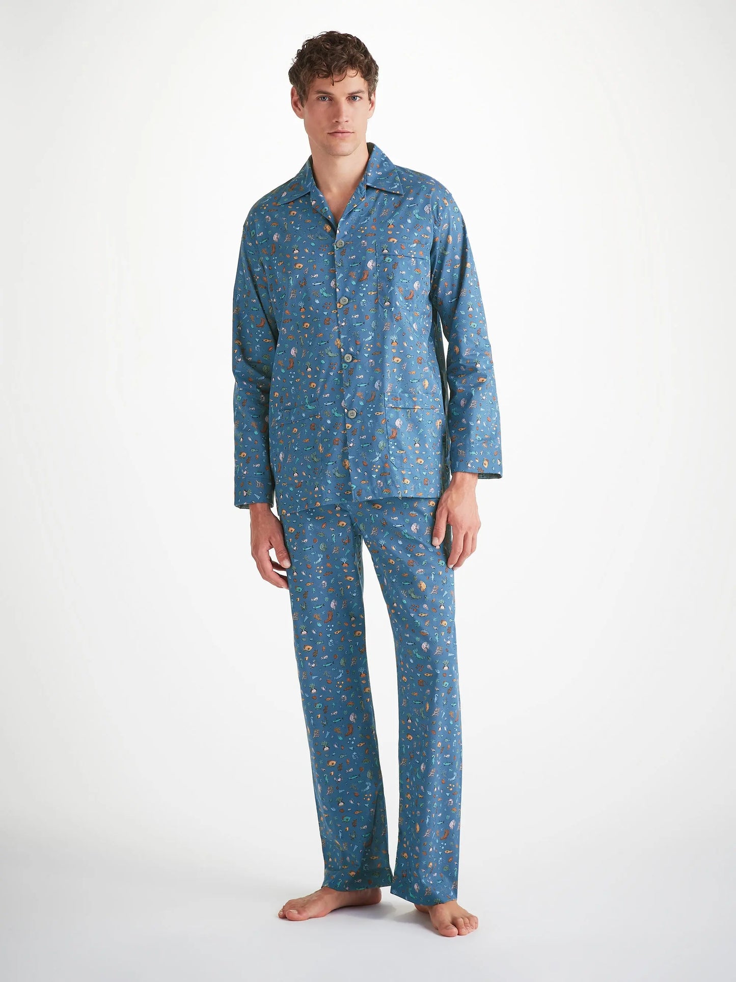 Derek Rose Men's Classic Fit Pyjamas Cotton Batiste Blue Sea Friends Print Derek Rose