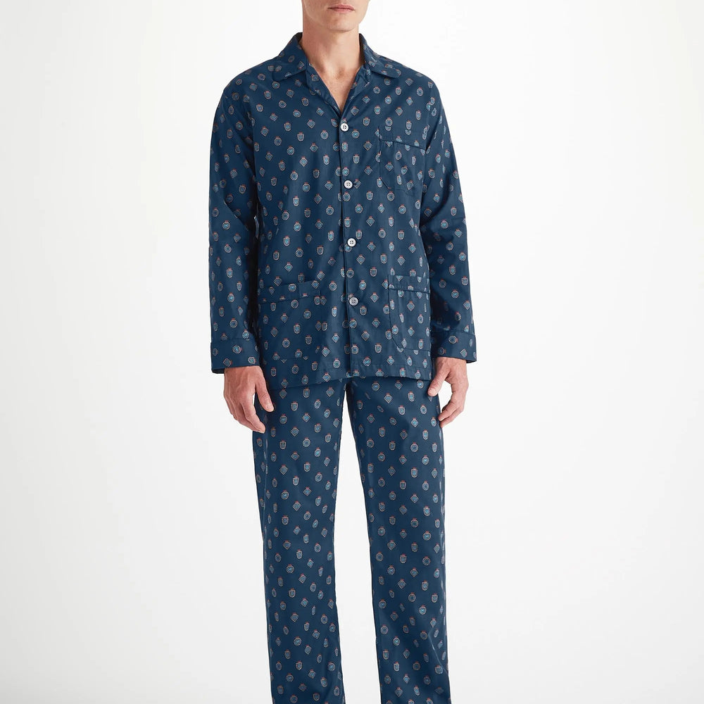 Derek Rose Men's Classic Fit Pyjamas Cotton Batiste Navy Badge Print Derek Rose