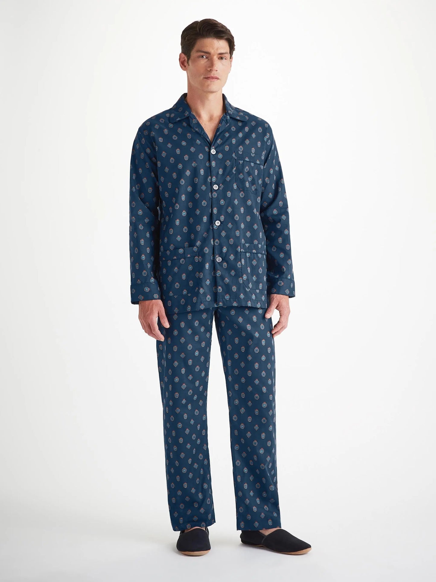 Derek Rose Men's Classic Fit Pyjamas Cotton Batiste Navy Badge Print Derek Rose