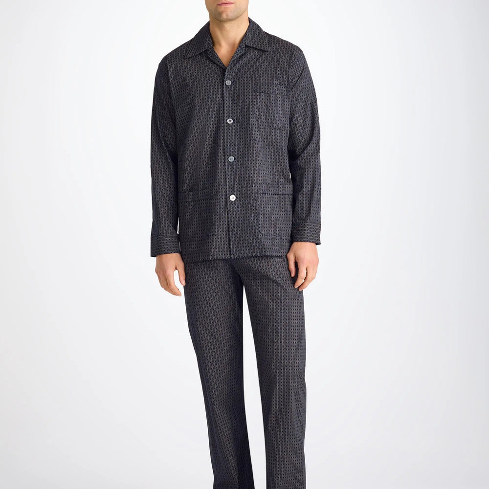 Derek Rose Men's Classic Fit Pyjamas Cotton Batiste Navy Jungle Leaf Print Derek Rose