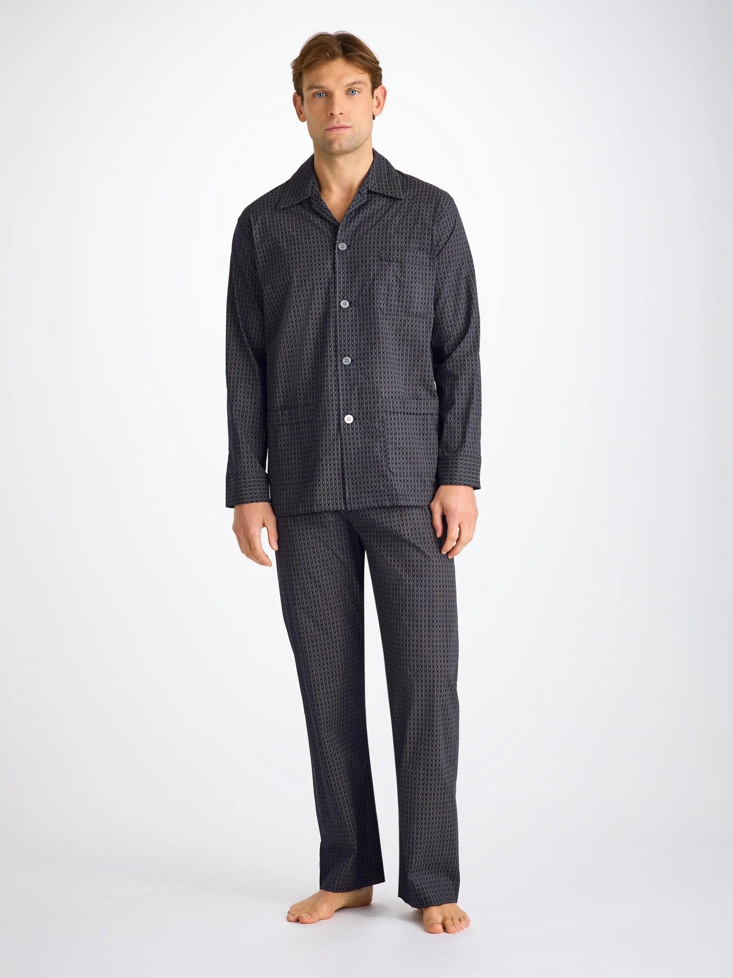 Derek Rose Men's Classic Fit Pyjamas Cotton Batiste Navy Jungle Leaf Print Derek Rose