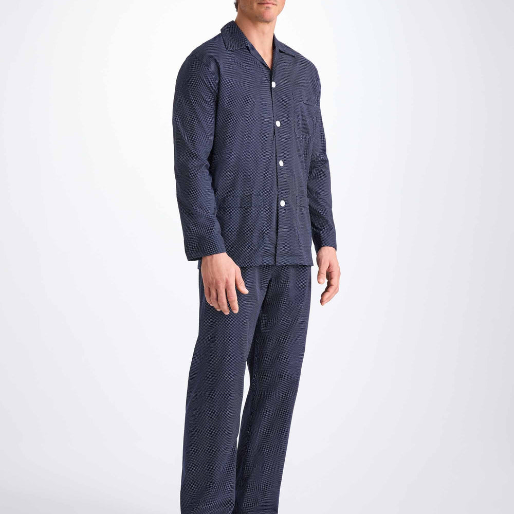 Derek Rose Men's Classic Fit Pyjamas Cotton Batiste Navy Pin Dot Print Derek Rose