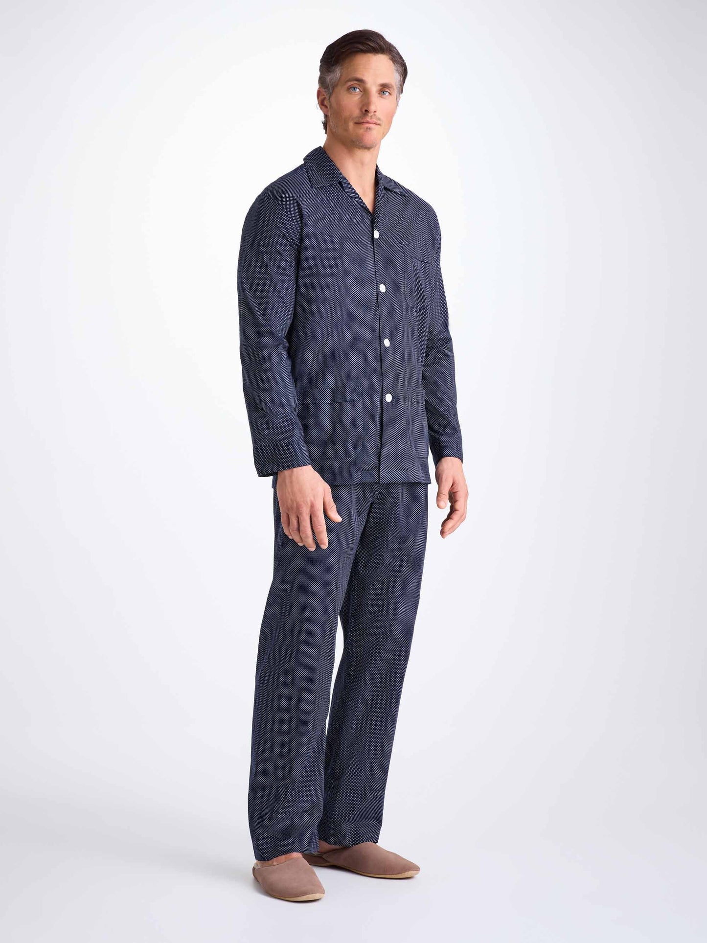 Derek Rose Men's Classic Fit Pyjamas Cotton Batiste Navy Pin Dot Print Derek Rose