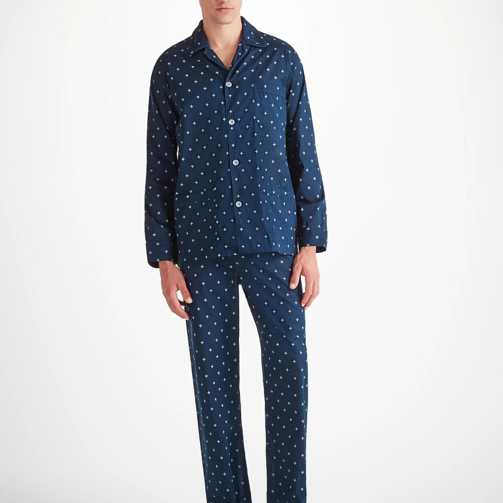 Derek Rose Men's Classic Fit Pyjamas Cotton Batiste Navy Sailor's Knot Print Derek Rose
