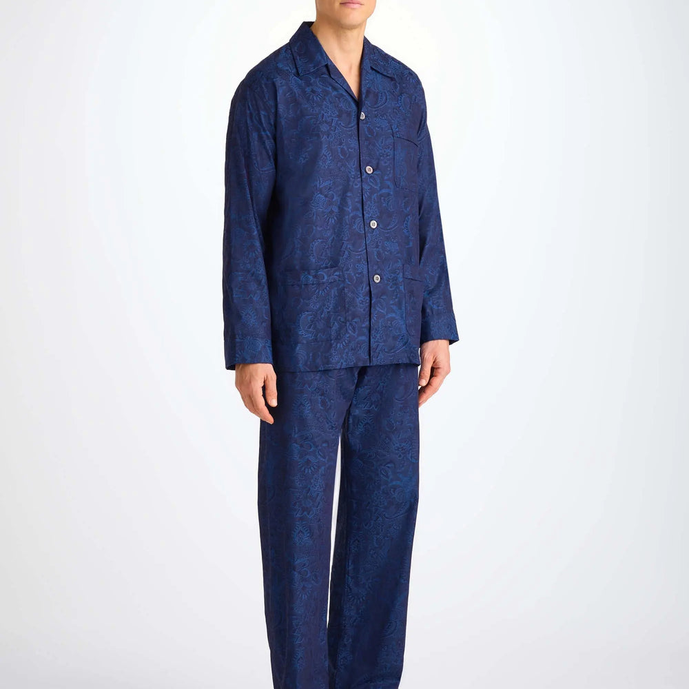 Derek Rose Men's Classic Fit Pyjamas Cotton Jacquard Navy Jungle Paisley Pattern Derek Rose