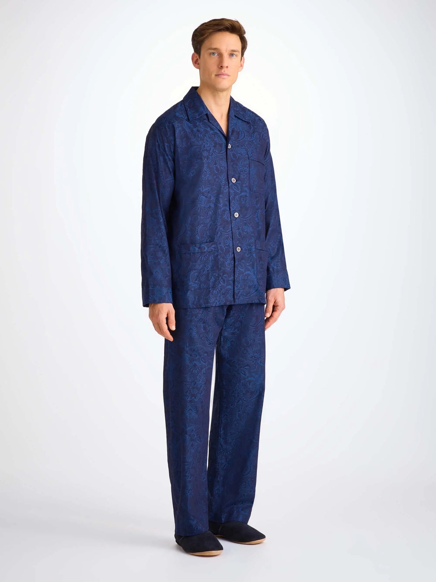 Derek Rose Men's Classic Fit Pyjamas Cotton Jacquard Navy Jungle Paisley Pattern Derek Rose
