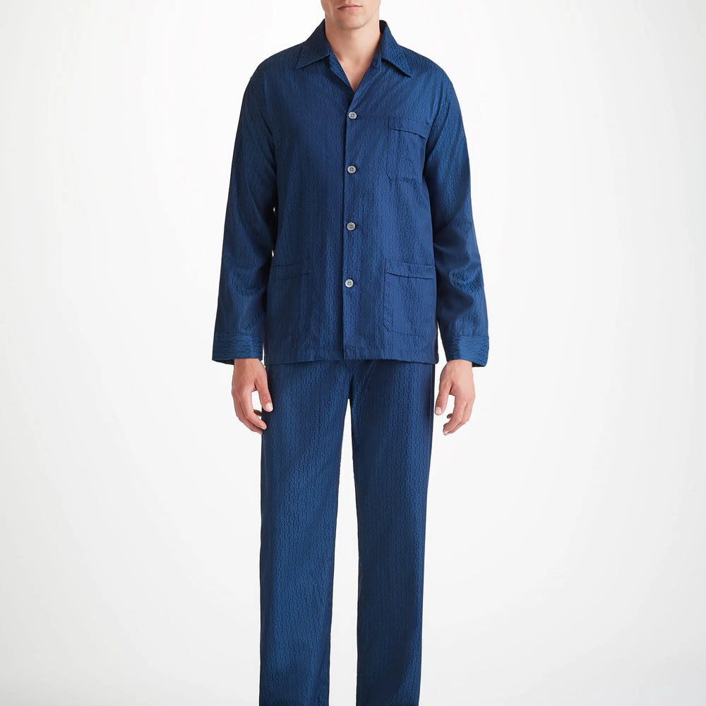 Derek Rose Men's Classic Fit Pyjamas Cotton Jacquard Navy Rope Pattern Derek Rose