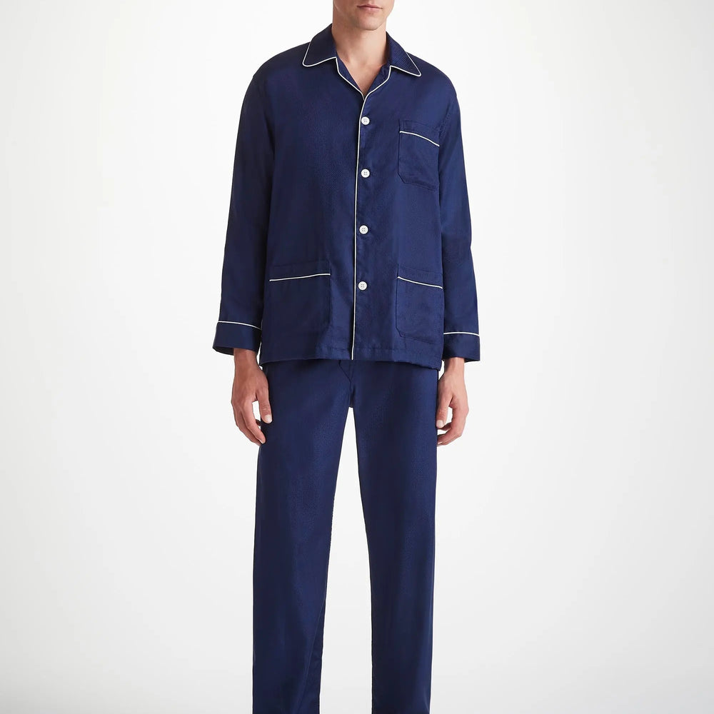 Derek Rose Men's Classic Fit Pyjamas Cotton Jacquard Navy Rose Star Pattern Derek Rose