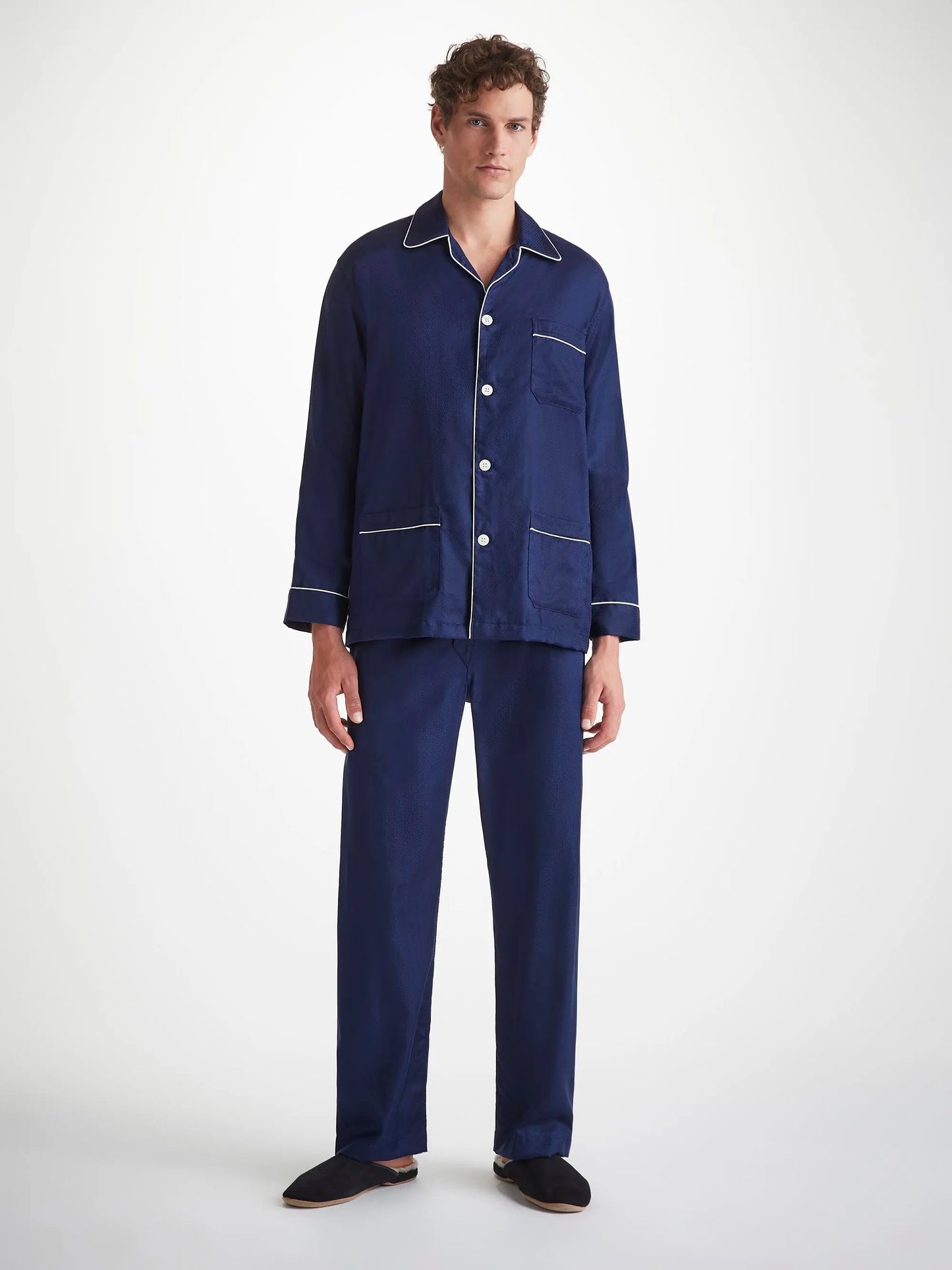 Derek Rose Men's Classic Fit Pyjamas Cotton Jacquard Navy Rose Star Pattern Derek Rose