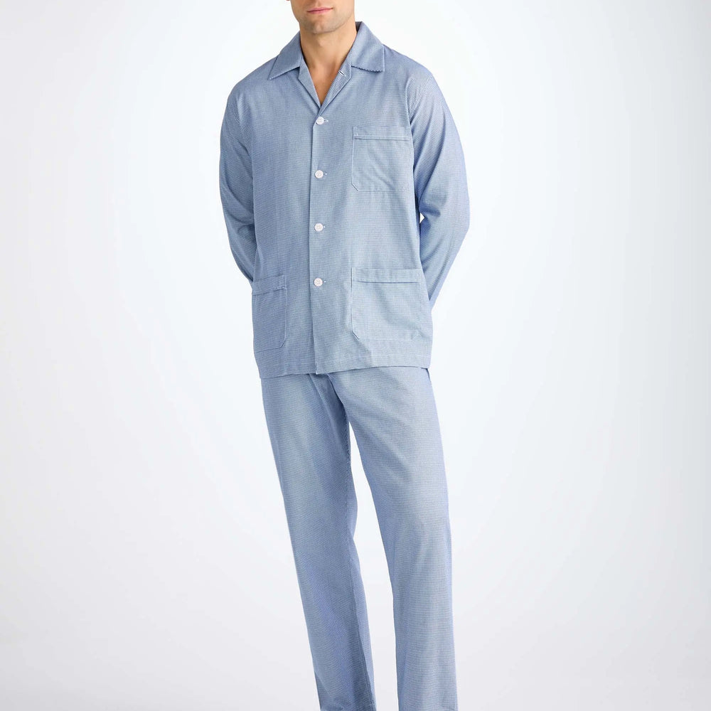 Derek Rose Men's Classic Fit Pyjamas Cotton Navy Puppytooth Pattern Derek Rose
