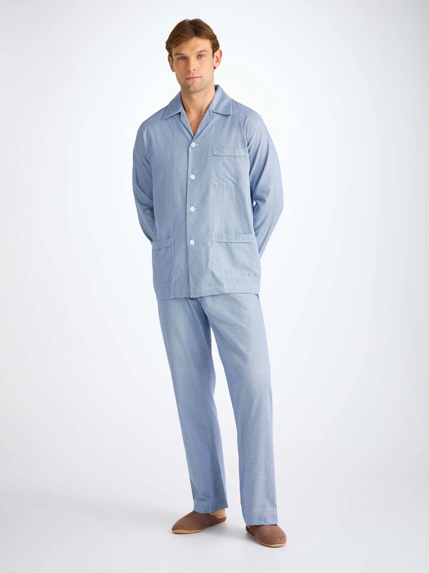 Derek Rose Men's Classic Fit Pyjamas Cotton Navy Puppytooth Pattern Derek Rose