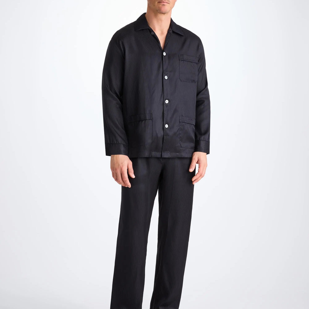 Derek Rose Men's Classic Fit Pyjamas Woburn 8 Silk Satin Black Derek Rose