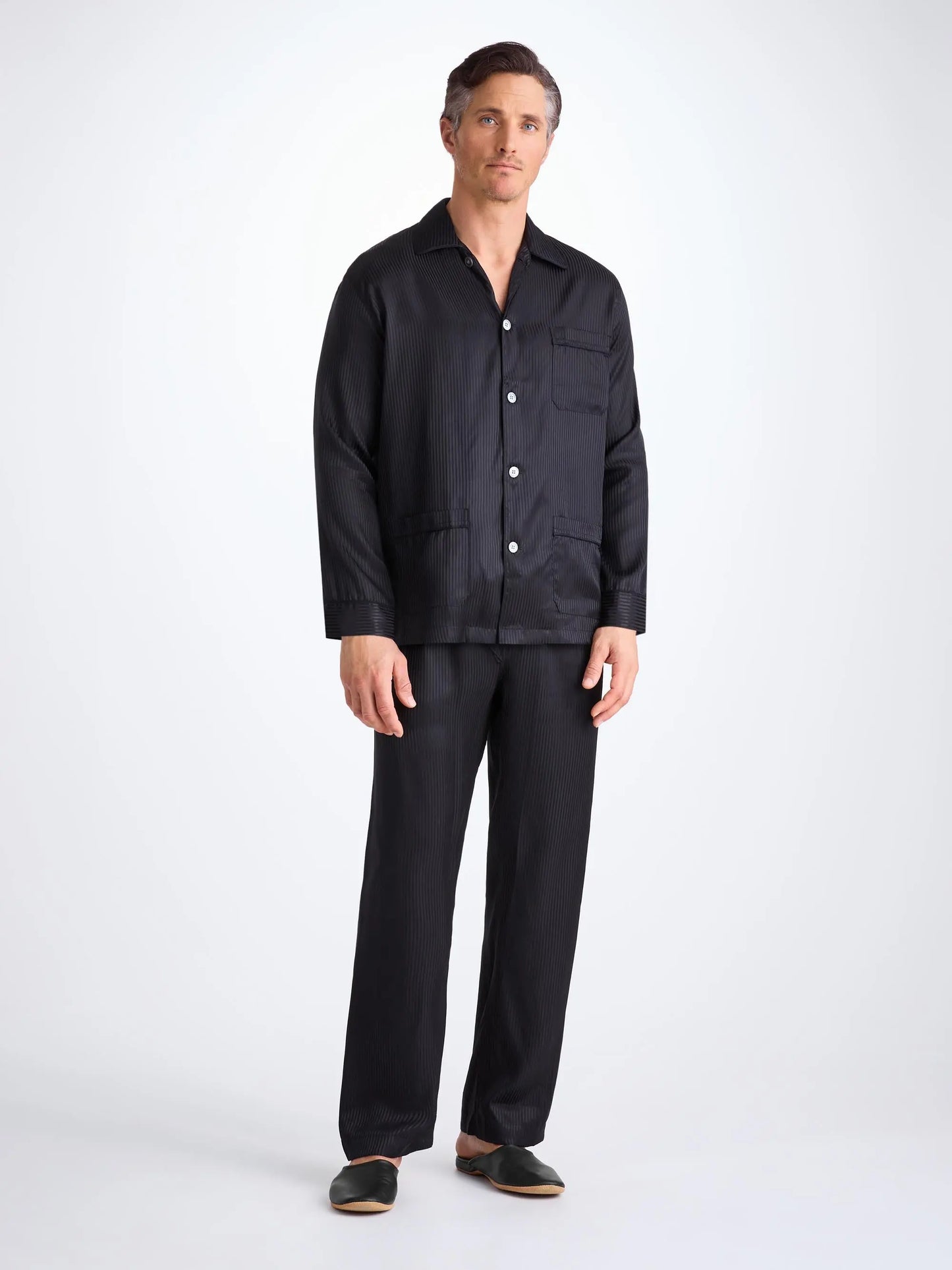 Derek Rose Men's Classic Fit Pyjamas Woburn 8 Silk Satin Black Derek Rose
