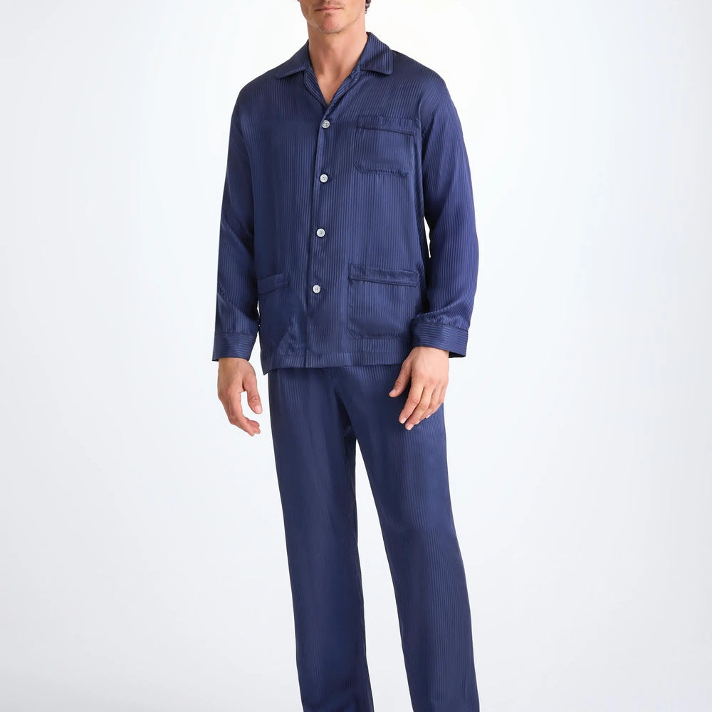 Derek Rose Men's Classic Fit Pyjamas Woburn 8 Silk Satin Navy Derek Rose